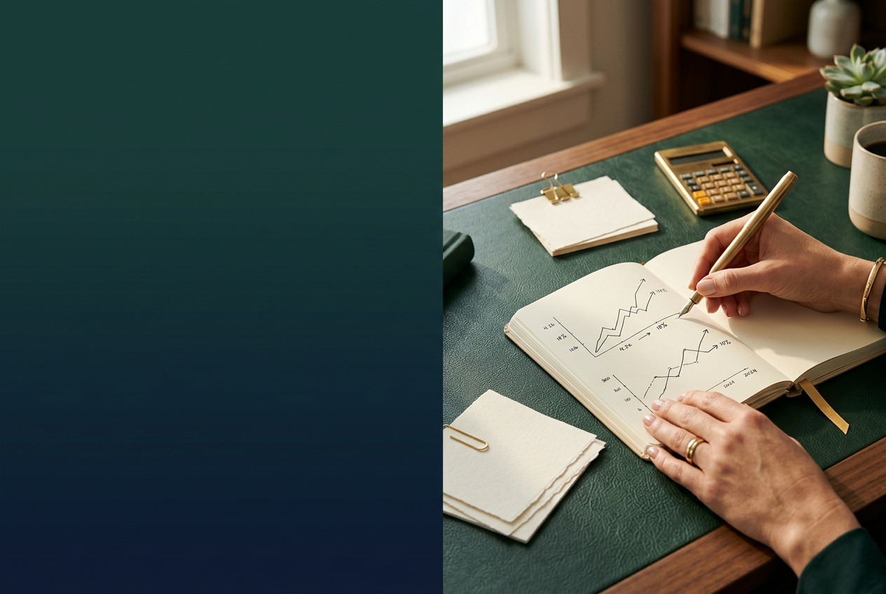 A financial notebook and brass pen on a calm, sunlit planning desk